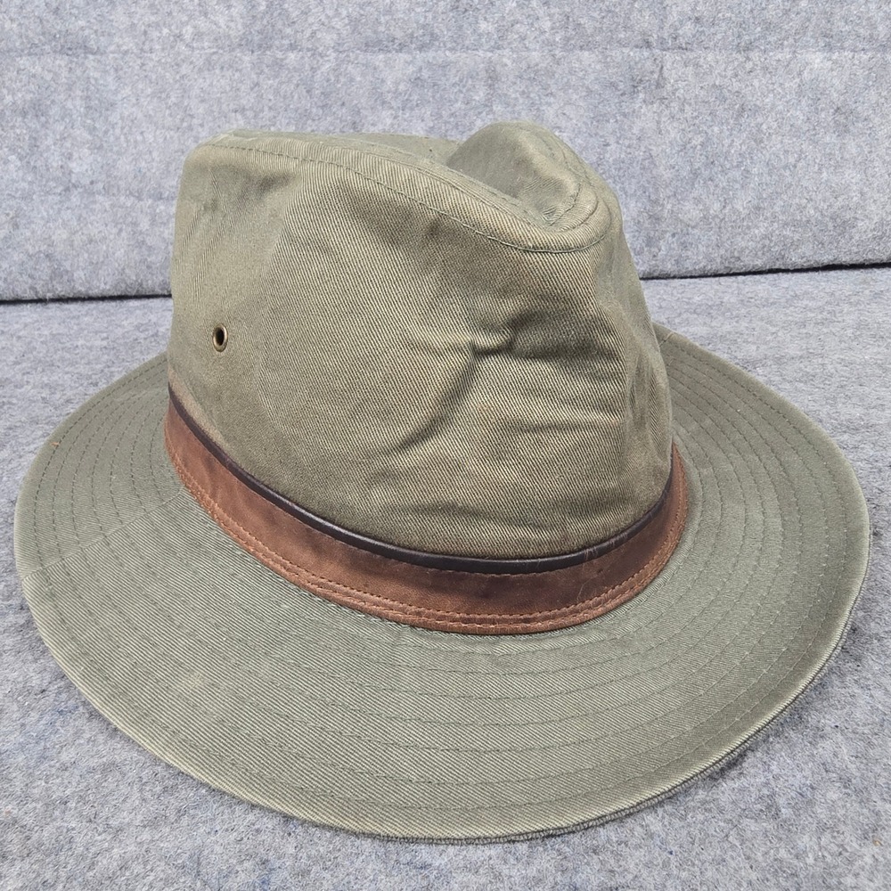 VTG London Fog Safari Hat Mens XL Olive Green Cotton Leather Band USA Made ACTWU